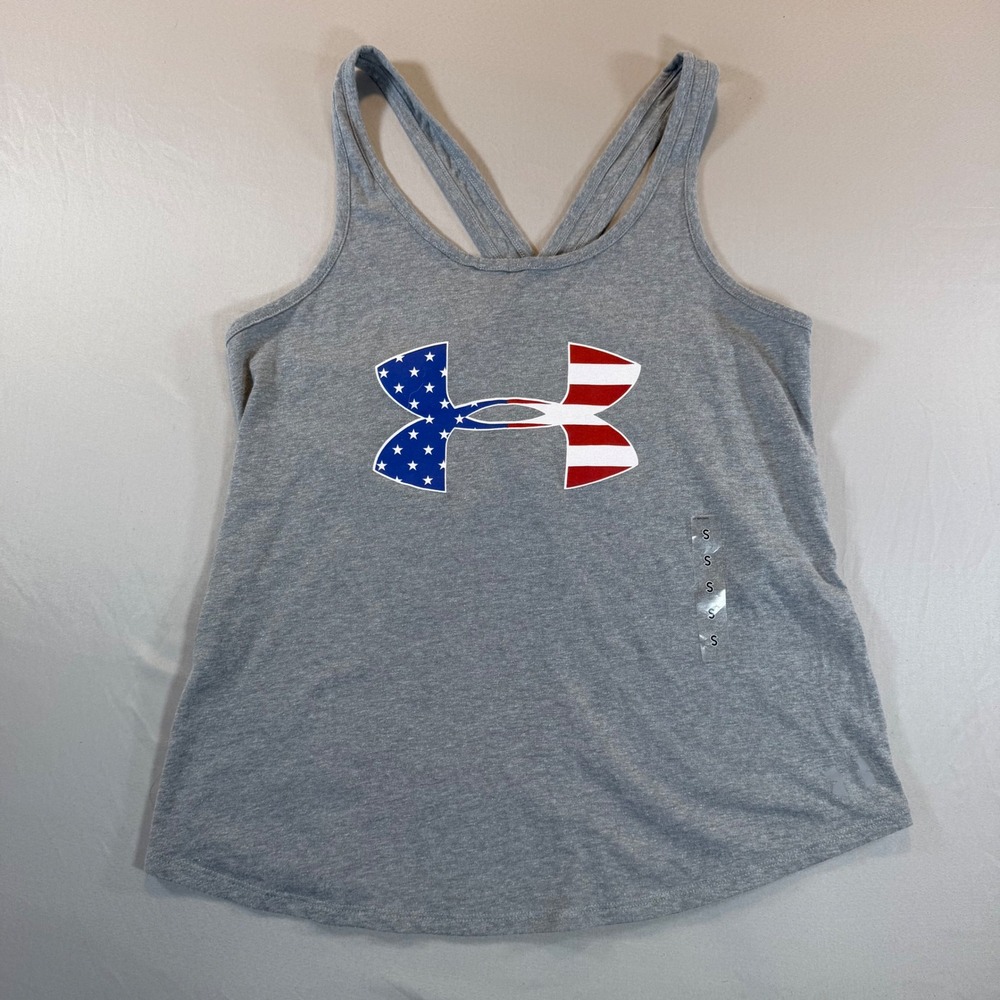 Under Armour Womens HeatGear American Flag Logo Tank Top Gray S‎ USA Patriotic